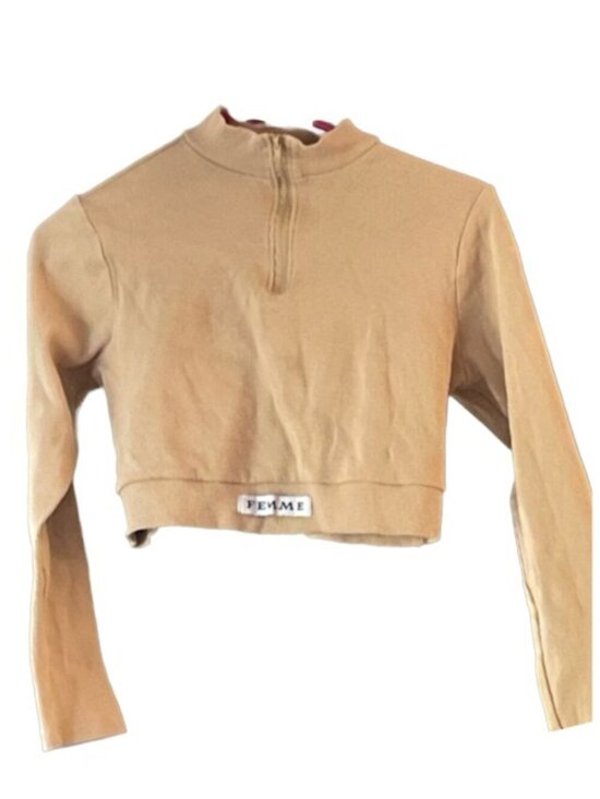 Forever 21 Tops - Forever 21 Women’s Sporty Tan Knit Mock High Neck Long Sleeve Crop Top “FEMME” L